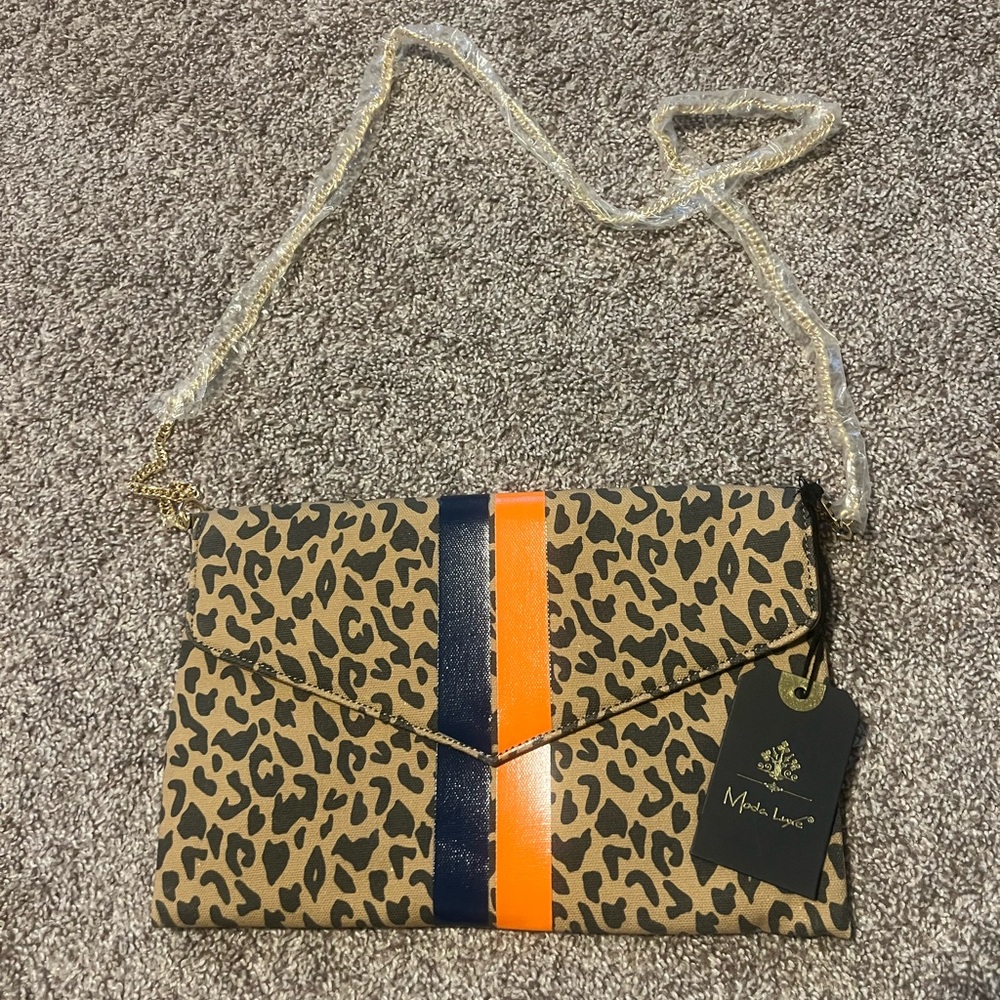 Myra Bag Leopard Clutch with Bold Orange and Black Stripes
